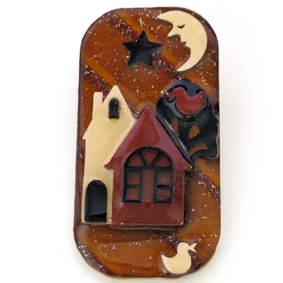 House Pins By Lucinda Resin Brown House Moon Star Ducks Brooch Pin - Picture 1 of 4